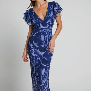 V neck flutter sleeve maxi dress in navy swirl